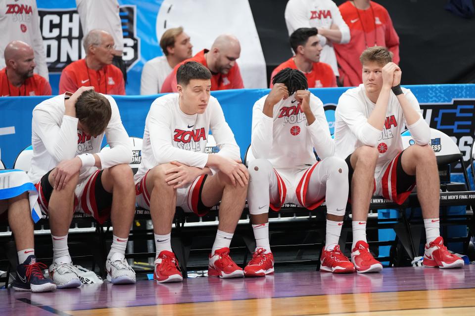 Mar 16, 2023; Sacramento, CA, USA; Arizona Wildcats react following the loss against the Princeton Tigers  at Golden 1 Center. Mandatory Credit: Kyle Terada-USA TODAY Sports