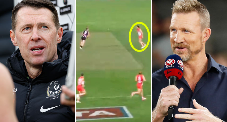 Nathan Buckley is pictured right and Collingwood coach Craig McRae on the left.