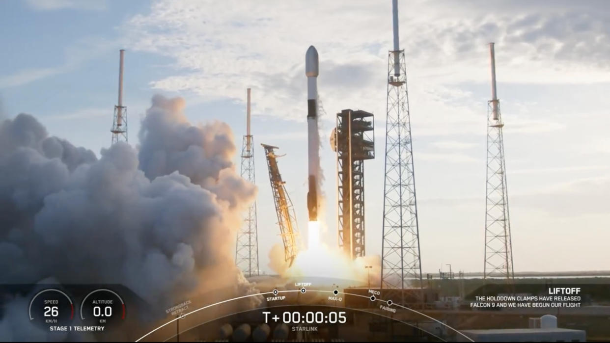  A SpaceX Falcon 9 rocket launches 23 Starlink satellites from Florida on April 18, 2024. 