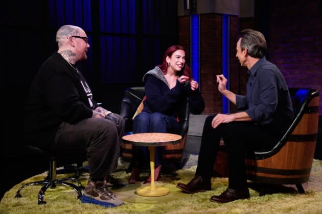 Tattoo artist Keith Scott "Bang Bang" McCurdy, Dua Lipa, Seth Meyers  - Credit: Lloyd Bishop/NBC