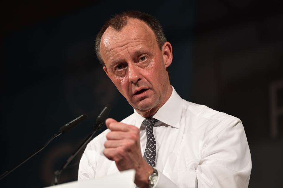 Friedrich Merz, candidate for the Christian Democratic Union (CDU) party leadership, delivers a speech at the political Ash Wednesday meeting of the CDU in Apolda, eastern Germany on February 26, 2020 (Photo by Jens Schlueter / AFP) (Photo by JENS SCHLUETER/AFP via Getty Images)