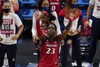 Arizona guard Bendu Yeaney (23) walks off the court at the end of the championship game against Stanford in the women's Final Four NCAA college basketball tournament, Sunday, April 4, 2021, at the Alamodome in San Antonio. Stanford won 54-53. (AP Photo/Eric Gay)