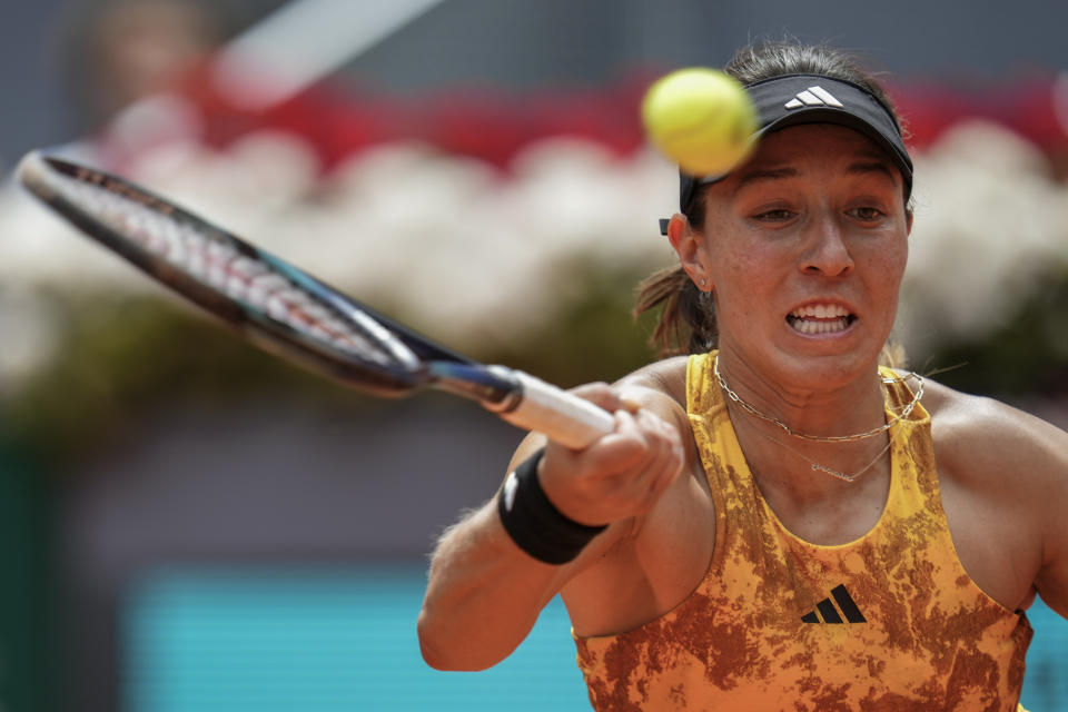 FILE - Jessica Pegula of the U.S. returns the ball to Russia's Veronika Kudermetova during their match at the Madrid Open tennis tournament in Madrid, Spain, Wednesday, May 3, 2023. Play begins at the French Open on Sunday, May 28, 2023. (AP Photo/Manu Fernandez, File)