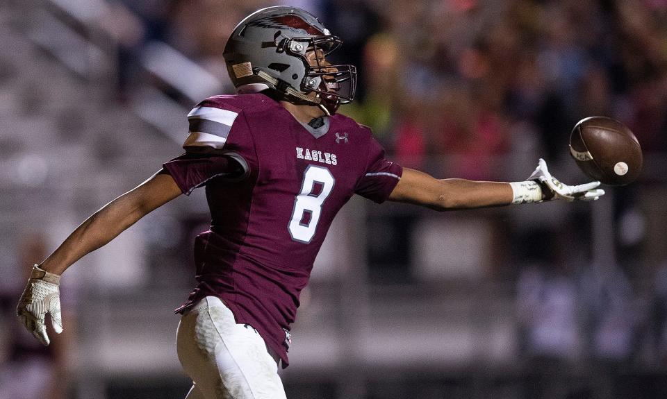 Alabama Christian's Avery Stuart (8) celebrates a touchdown against West Blocton in the first round of the AHSAA state playoffs on the ACA campus in Montgomery, Ala., on Friday evening November 6, 2020.