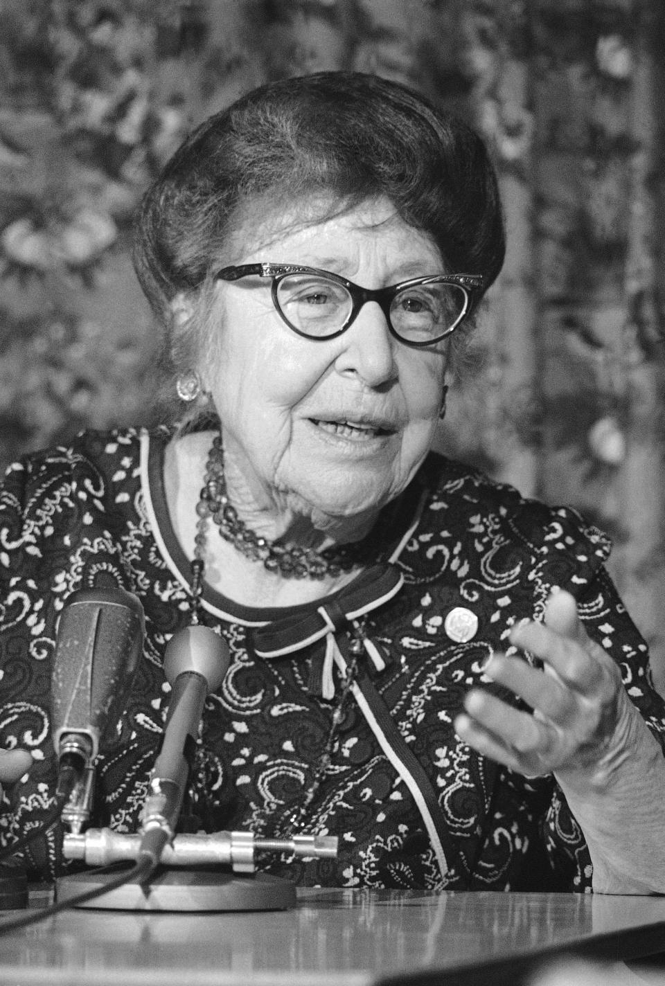 FILE - Jeannette Rankin, 87-year-old former congresswoman from Montana, holds a news conference in Washington on Jan. 13, 1968, to discuss plans for an anti-Vietnam war demonstration near the Capitol. The arrival of Title IX and its protections for American women was a long time coming and the result of hard work from the likes of Jeannette Rankin, Shirley Chisholm, Eleanor Roosevelt, Patsy Mink and more.(AP Photo/Harvey Georges, File)