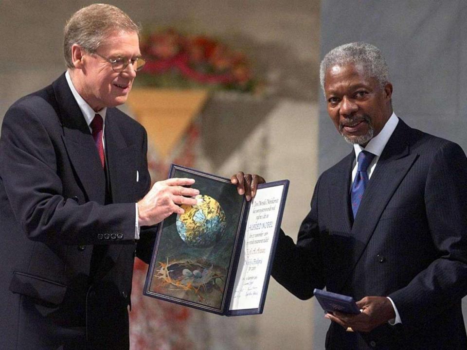 He was awarded the Nobel Peace Prize in 2001 for his efforts to revitalise the UN during the Iraq War and HIV pandemic (Nobel Prize)