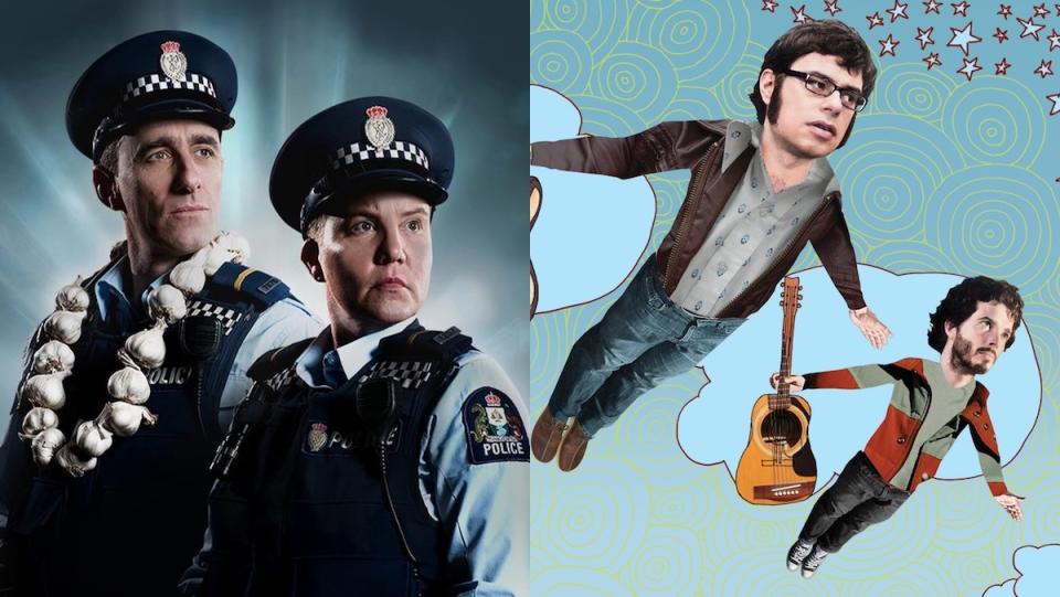 A split screen, on the left two cops looking stewrn, on the other both Flight of the Conchords animated flying in the sky