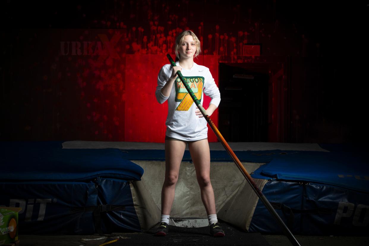 Pole vaulter Addison Kleinke in her indoor practice facility in Springfield.