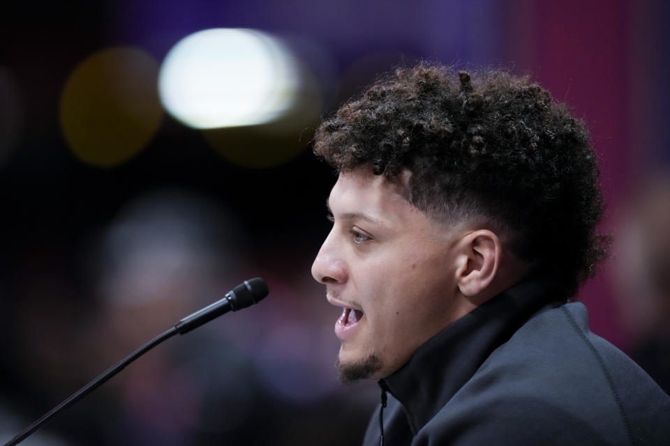 Kansas City Chiefs quarterback Patrick Mahomes speaks to the media during NFL football Super Bowl 58 opening night Monday, Feb. 5, 2024, in Las Vegas. The San Francisco 49ers face the Kansas City Chiefs in Super Bowl 58 on Sunday. (AP Photo/Charlie Riedel)