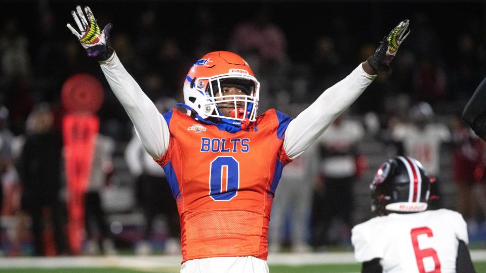 Millville's Xavier McBride celebrates a defensive stop during the football game between Millville and Lenape played at John Barbose Stadium at Wheaton Field in Millville on Friday, September 29, 2023.