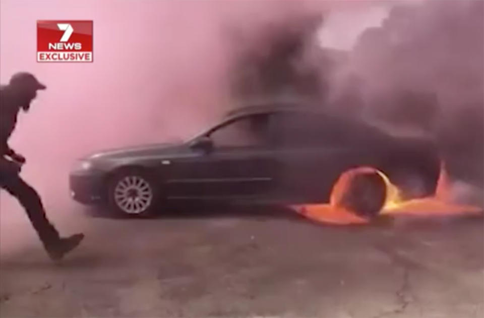 The couple's gender reveal went up in flames (pictured) in Meningie, South Australia.
