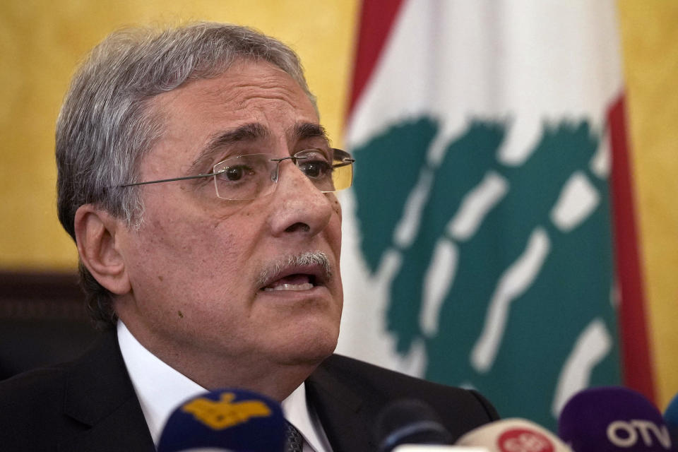 Lebanese caretaker Justice Minister Henry Khoury, speaks during a press conference at the Justice Palace in Beirut, Lebanon, Wednesday, Jan. 11, 2023. Khoury said a European judicial delegation from France, Germany, and Luxembourg have started to arrive in Lebanon as they continue probing Central Bank Governor Riad Salameh and affiliates over corruption allegations. (AP Photo/Bilal Hussein)