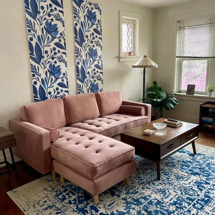 Reviewer's photo of the sectional in the color Blush Pink Velvet