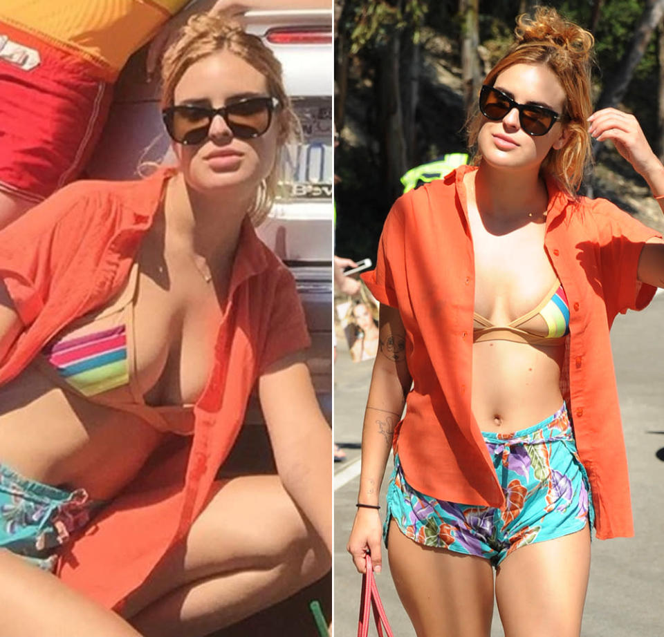 … zeigte Tallulah auf dem Weg zur Poolparty in Los Angeles dieses Wochenende in ihrem Look aus knallbunten Hawaii-Shorts, customized Adiletten mit dem Schriftzug „Buuski“ und Triangel-Top aber trotzdem. (Bilder: Instagram/buuski, Splash News)