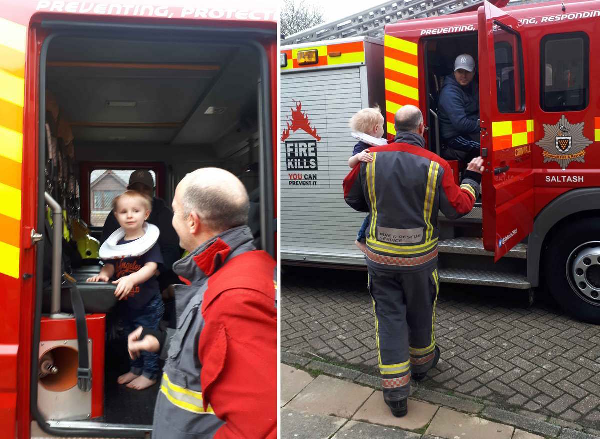 A team of firefighters freed a stuck toddler from a toilet seat (Pictures: Caters)