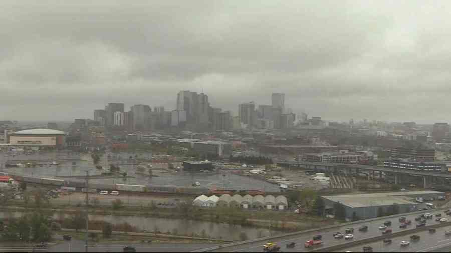 Clouds lingered above the Denver skyline throughout the day on April 27, 2024.