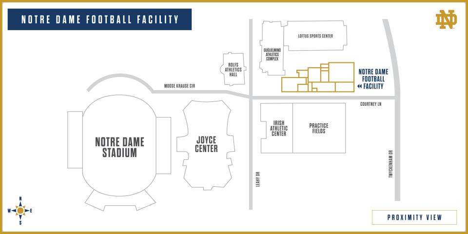 This University of Notre Dame graphic show where the new Jack and Kathy Shields Family Hall will be located. The facility, which is scheduled to be completed in 2026 will serve as the operations center for the football program. A ground-breaking ceremony was held on campus Saturday, April 20, 2024 before the annual Blue-Gold Game.