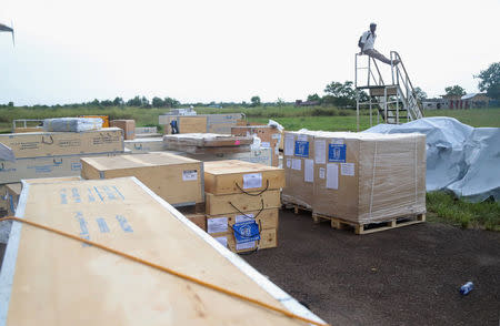 World Health Organization (WHO) medical supplies to combat the Ebola virus are seen packed in crates at the airport in Mbandaka, Democratic Republic of Congo May 19, 2018. REUTERS/Kenny Katombe