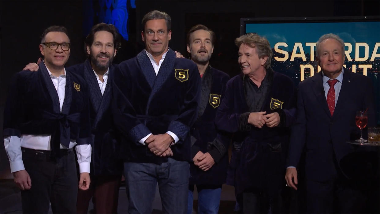 Fred Armisen, Paul Rudd, Jon Hamm, Will Forte, Martin Short and Lorne Michaels crashed Kristen Wiig's all monologue. (Saturday Night Live)