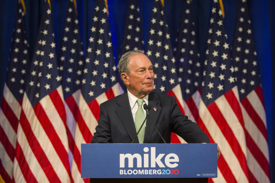 Democratic Presidential candidate, Michael Bloomberg during remarks to the media at the Hilton Hotel on his first campaign stop in Norfolk, Va. Monday, Nov. 25, 2019. (AP Photo/Bill Tiernan)