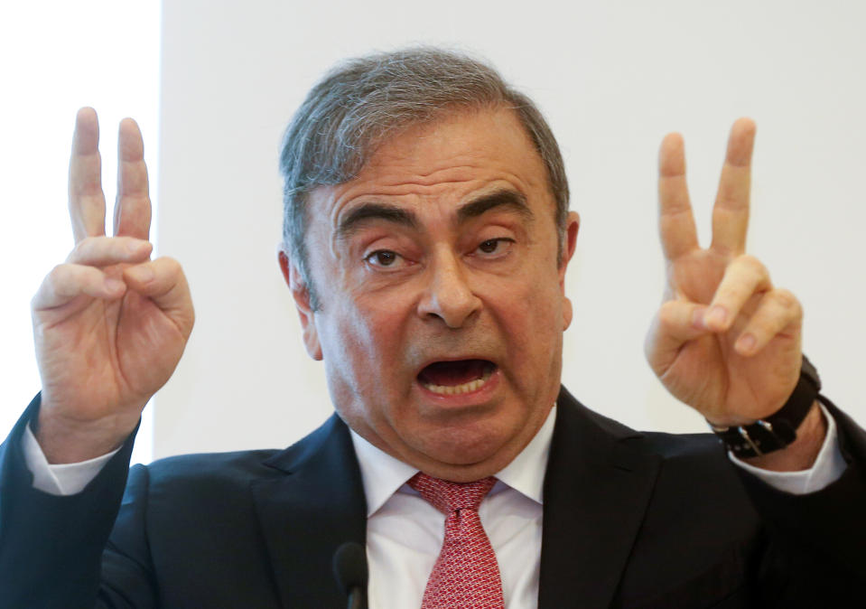 Former Nissan chairman Carlos Ghosn gestures as he speaks during a news conference at the Lebanese Press Syndicate in Beirut, Lebanon January 8, 2020. REUTERS/Mohamed Azakir