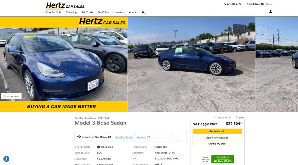 Screenshot of used Tesla listing from Hertz Car Sales website