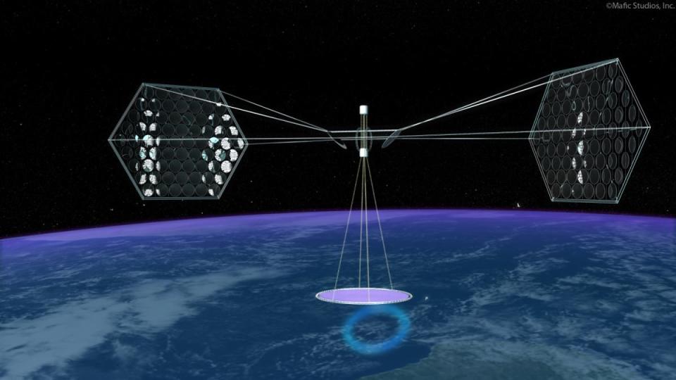 Propuesta para la construcción de una planta solar en el espacio | imagen <a href="http://www.maficstudios.com/gallery.html" rel="nofollow noopener" target="_blank" data-ylk="slk:Mafic Studios;elm:context_link;itc:0;sec:content-canvas" class="link ">Mafic Studios</a>