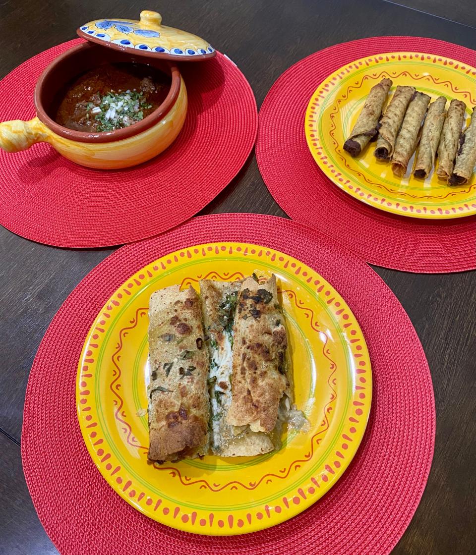 Trader Joe's Beef Birria (top left), Green Chicken Enchiladas (bottom), Black Bean & Cheese Taquitos (top left)