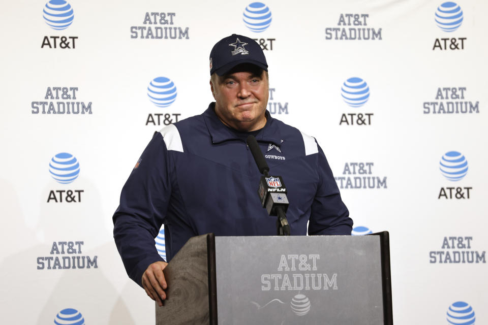 FILE - Dallas Cowboys head coach Mike McCarthy speaks following an NFL football game against the Cincinnati Bengals in Arlington, Texas, Sunday, Sept. 18, 2020. Cowboys coach Mike McCarthy put off the questions about returning to Green Bay as long as he could. Same with the emotions, which proved difficult when thinking about the town and team he helped win a Super Bowl. (AP Photo/Ron Jenkins, File)