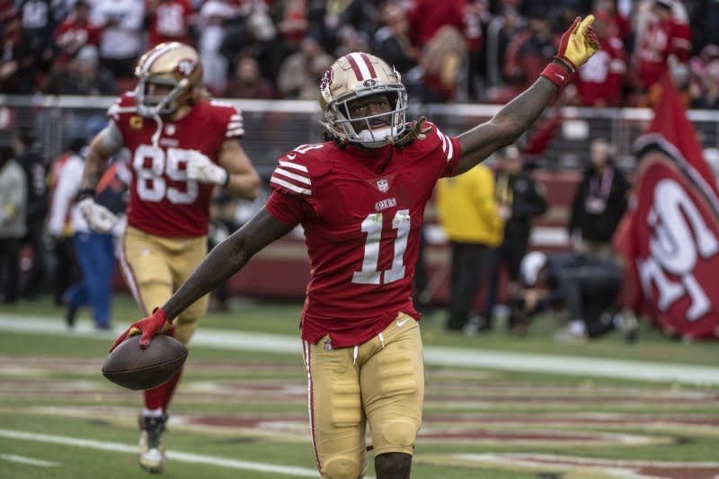 San Francisco 49ers wide receiver Brandon Aiyuk completed a 51-yard circus catch to help shift momentum in the NFC Championship game Sunday in Santa Clara, Calif. File Photo by Terry Schmitt/UPI