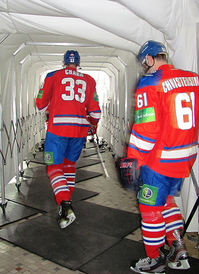 KHL teammates Zdeno Chara and Erik Christensen walk down the tunnel. (#NickInEurope)