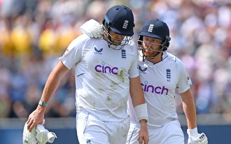 Jonny Bairstow consoles Jamie Overton after he fell for 97 on Test debut. - GETTY IMAGES