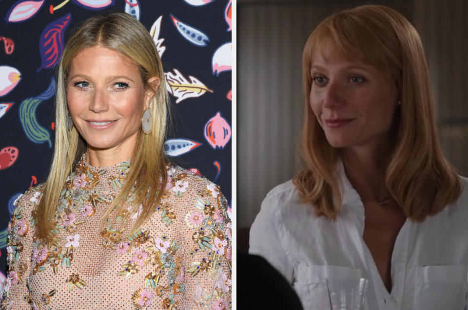 side by side of Gwyneth at an event and as Pepper Potts