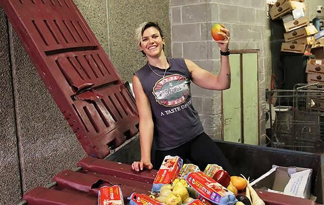 Dumpster diver Mel Humphreys trawls garbage bins outside supermarkets, caterers and bakeries three or four times a week for fresh meat, fish, cheese, fruit, vegetables and bread. Photo: Caters News