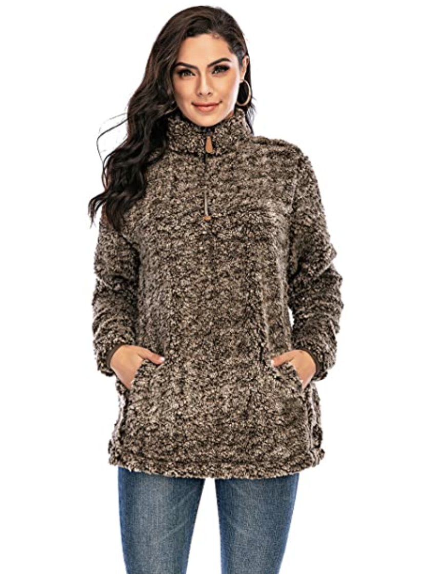 Women's Sherpa Fuzzy Fleece Sweatshirt in Brown. Image via Amazon.