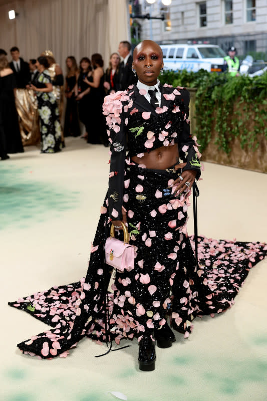 <p>Dimitrios Kambouris/Getty Images</p><p>Arriving with her Wicked co-star Ariana Grande, Erivo wore this suiting ensemble adorn with pink rose petals. </p>