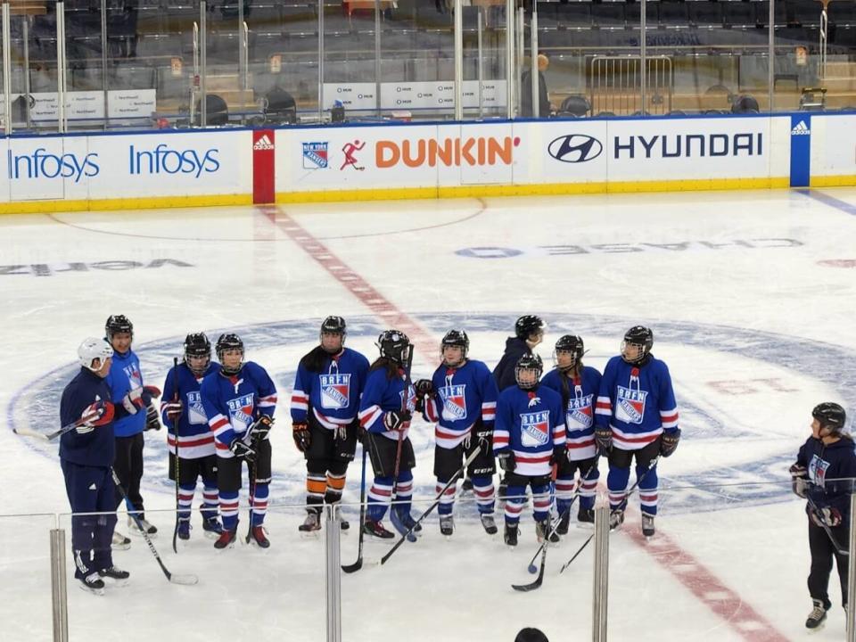 Players from the Big River First Nation Rangers practised at Madison Square Garden on March 16, with coaches from the NHL's New York Rangers.  (Sylvia McAdam/Facebook  - image credit)