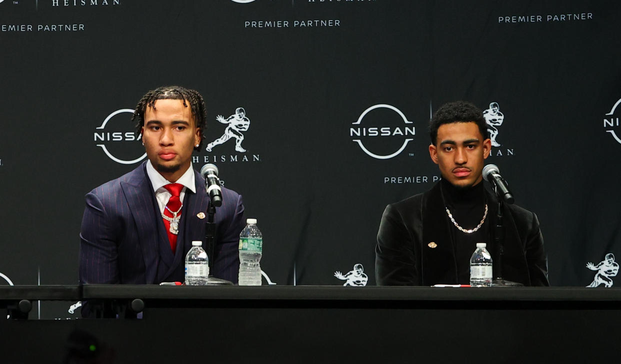 Ohio State QB C.J. Stroud (L) and Alabama QB Bryce Young are the two top favorites for the Heisman Trophy after they were finalists in 2021. (Photo by Rich Graessle/Icon Sportswire via Getty Images)