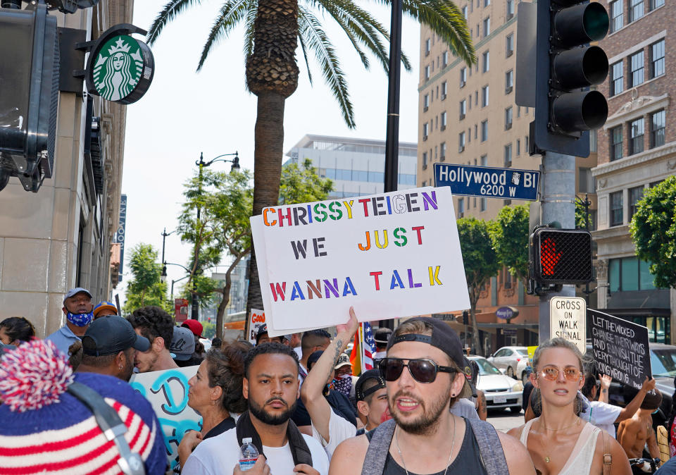 Protesters at a Save Our Children rally in Los Angeles, Aug. 22, 2020.<span class="copyright">Jamie Lee Curtis Taete</span>