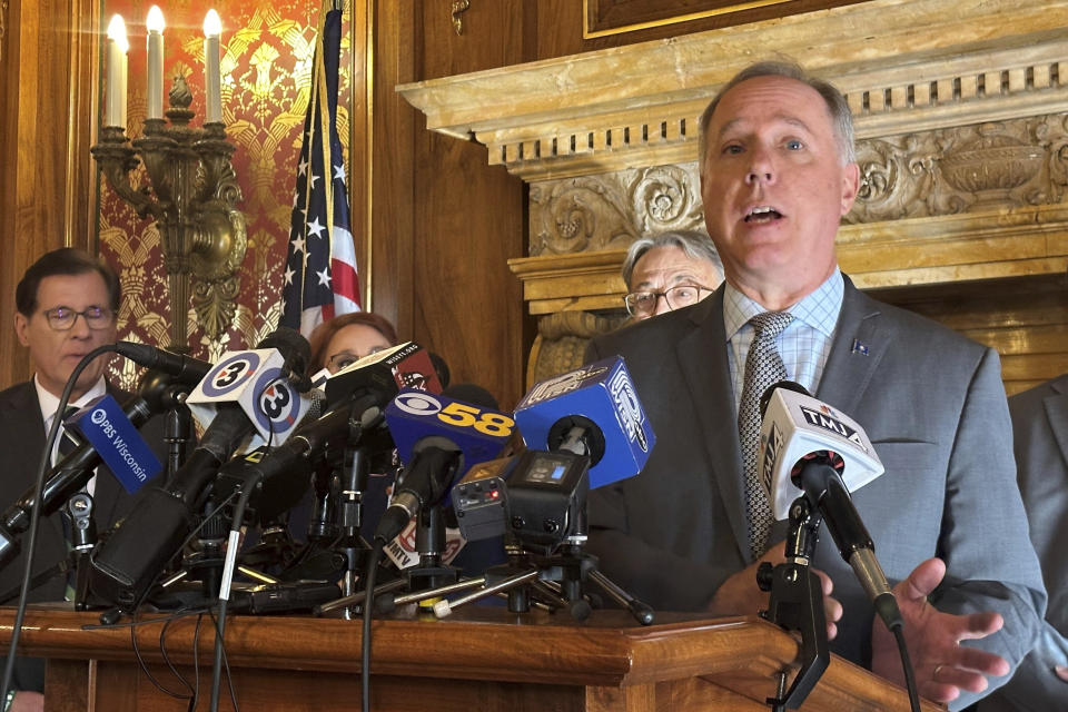 FILE - Wisconsin Assembly Speaker Robin Vos, right, speaks during a news conference, Tuesday, Nov. 7, 2023, at the state Capitol in Madison, Wis. Wisconsin Democrats' latest lawsuit alleged that the lines drawn by Republicans were unconstitutional because not all of the districts were contiguous, meaning that some areas were disconnected from the rest of the district. The Wisconsin Supreme Court in December agreed and ordered that new maps must be drawn in time for the November election. (AP Photo/Scott Bauer, File)