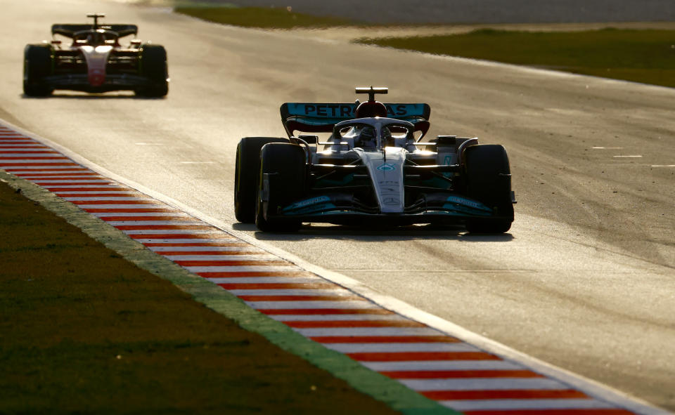 Mercedes driver Lewis Hamilton of Britain steers his car during a Formula One pre-season testing session at the Catalunya racetrack in Montmelo, just outside of Barcelona, Spain, Friday, Feb. 25, 2022. (AP Photo/Joan Monfort)