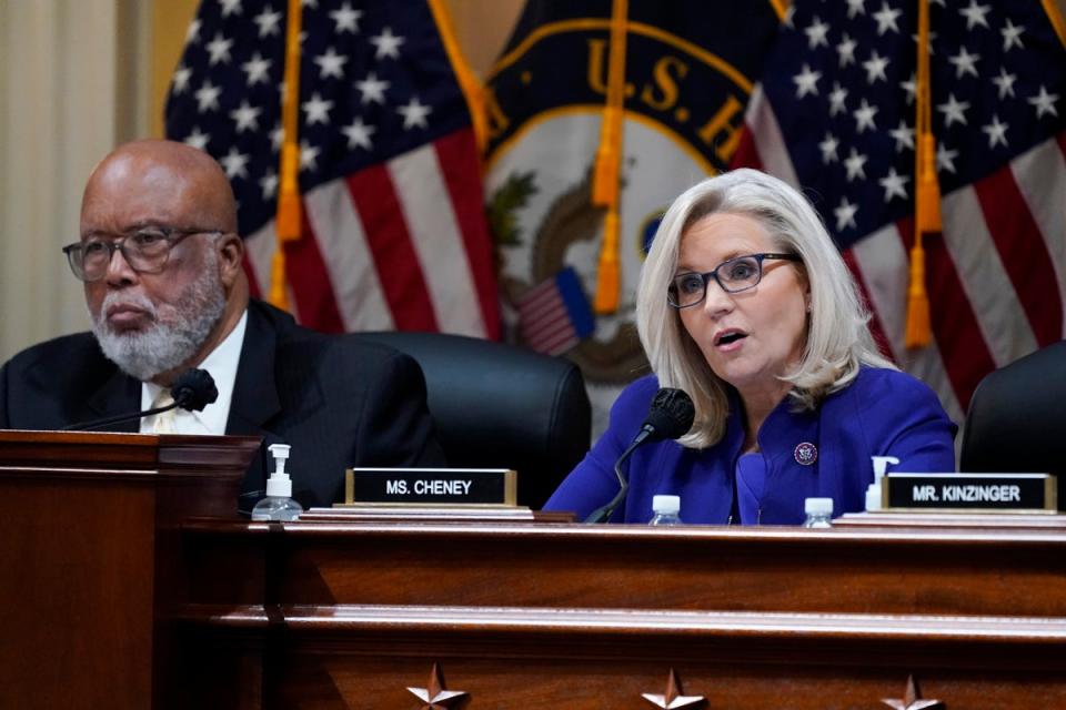 Committee Vice Chair Liz Cheney, R-Wyo., speaks as the House select committee investigating the Jan. 6 attack on the U.S. Capitol holds its final meeting on Capitol Hill in Washington, Monday, Dec. 19, 2022. Committee Chairman Bennie Thompson, D-Miss., left. (Copyright 2022 The Associated Press. All rights reserved)
