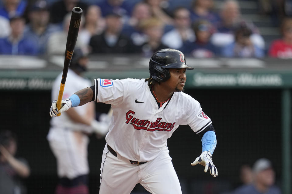 Cleveland Guardians' José Ramírez watches his single against the Detroit Tigers during the second inning of a baseball game Tuesday, May 7, 2024, in Cleveland. (AP Photo/Sue Ogrocki)