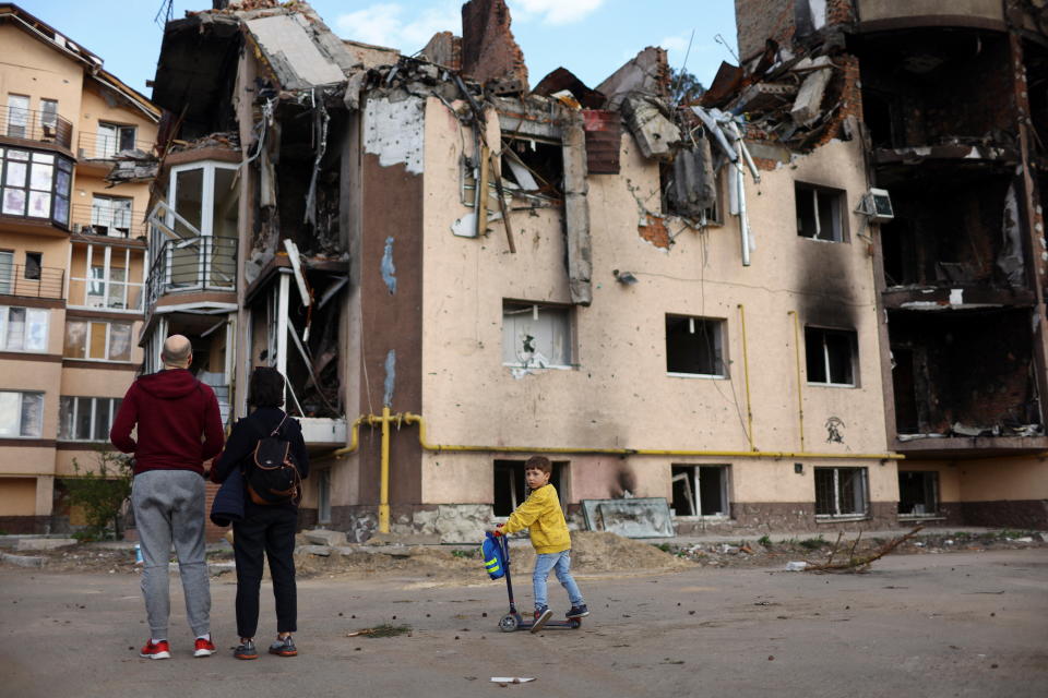 Severely damaged buildings in Irpin, Ukraine