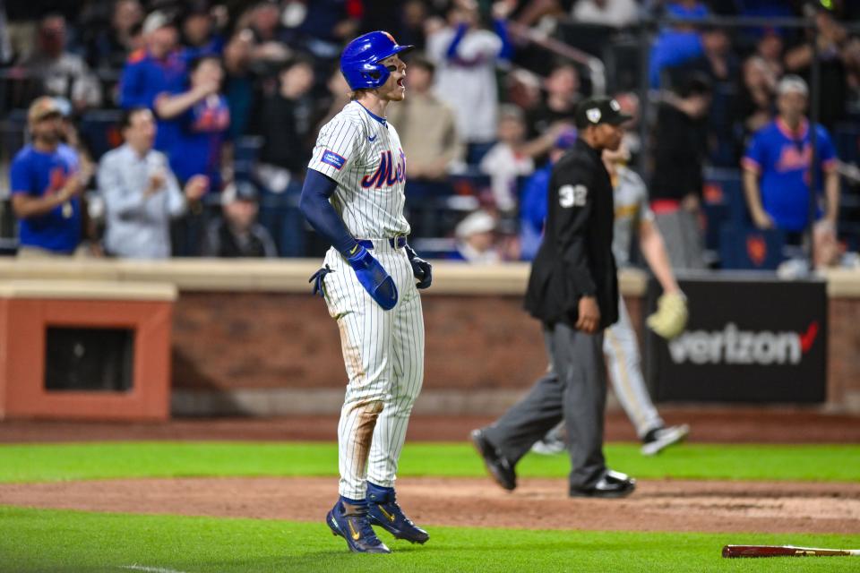 New York Mets second base Brett Baty reacts after scoring a run against the Pittsburgh Pirates during the sixth inning on April 15, 2024, at Citi Field.