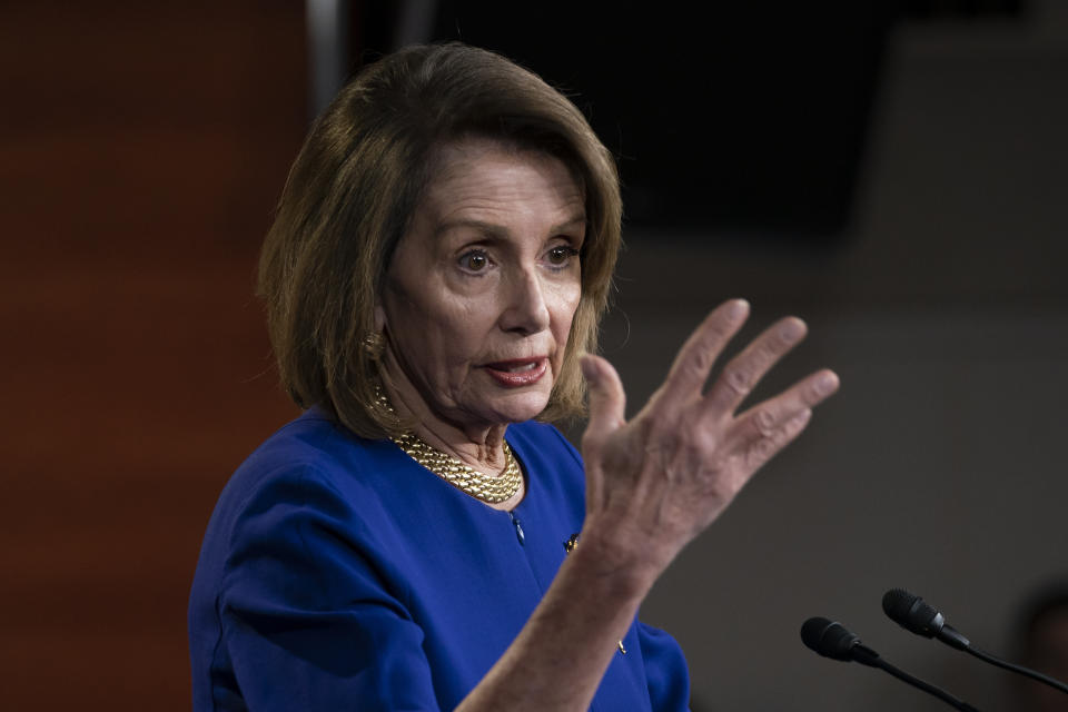 Speaker of the House Nancy Pelosi, D-Calif., talks with reporters during her weekly news conference, on Capitol Hill in Washington, Thursday, Feb. 7, 2019. (AP Photo/J. Scott Applewhite)