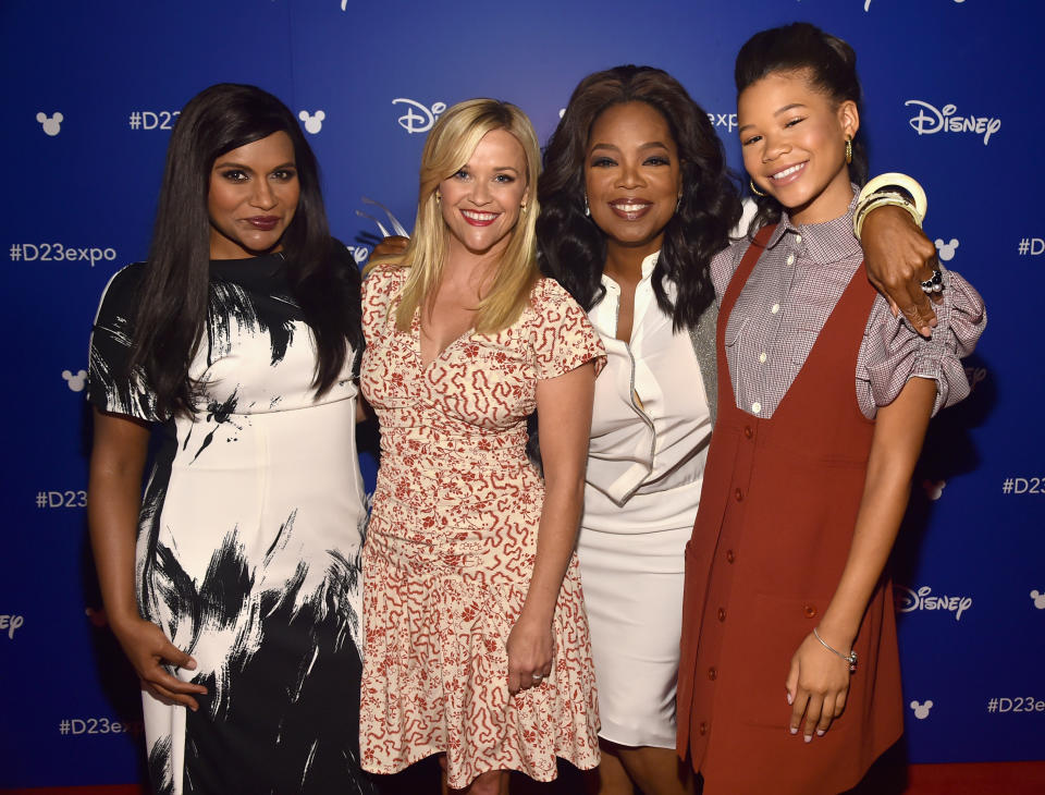 Members of the cast of <em>A Wrinkle In Time</em>: Mindy Kaling, Reese Witherspoon, Oprah Winfrey, Storm Reid. (Photo: Getty Images)