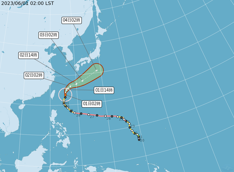 瑪娃減弱輕度颱風，向北北東逐漸加速並遠離，強度有逐漸減弱的趨勢。（中央氣象局提供）