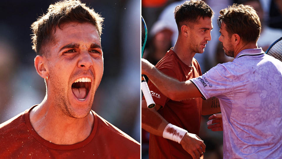 Thanasi Kokkinakis roars after winning match point on the left, and shakes hands with Stan Wawrinka after the match on the right.