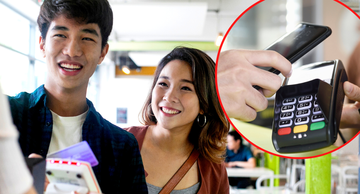 Image showing a newlywed couple paying at a counter, with a circular inset showing the man tapping his phone on a payment machine. This is to illustrate a story on less Singapore women willing to date men who earn less.